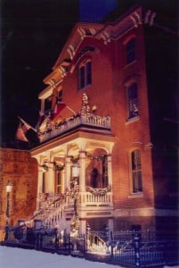 outside of a Denver art museum at night
