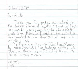 Thank you note from a student after a field trip to a Denver art museum