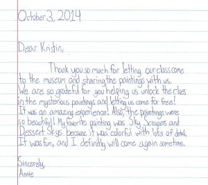 Thank you note from a student after a field trip to a Denver art museum