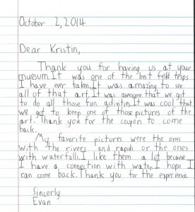 Thank you note from a student after a field trip to a Denver art museum