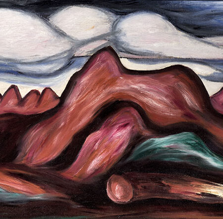 a landscape painting in red of rolling red mountains