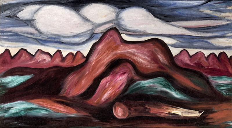 a landscape painting in red of rolling red mountains